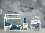 Tapet Personalizat Micii Exploratori cu avioane si baloane cu aer cald pe fundal gri - BIPLANE & BALLOONS GREY