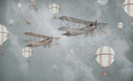 Tapet Personalizat Micii Exploratori cu avioane si baloane cu aer cald pe fundal gri - BIPLANE & BALLOONS GREY