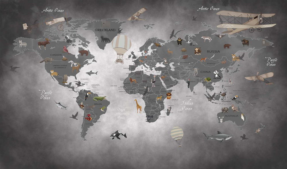 Tapet Personalizat Micii Exploratori cu harta lumii in nuante de gri inchis negru - DARK GREY MAP