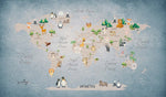 Tapet Personalizat Micii Exploratori cu harta lumii pentru copii cu animale si vegetatie pe fundal albastru - BLUE ANIMALS MAP