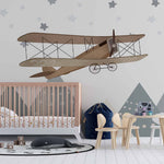 Tapet Personalizat Micii Exploratori cu avion biplan peste varfuri de munti si cer instelat - OVER THE PEAKS BIPLANE