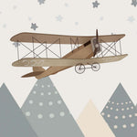 Tapet Personalizat Micii Exploratori cu avion biplan peste varfuri de munti si cer instelat - OVER THE PEAKS BIPLANE