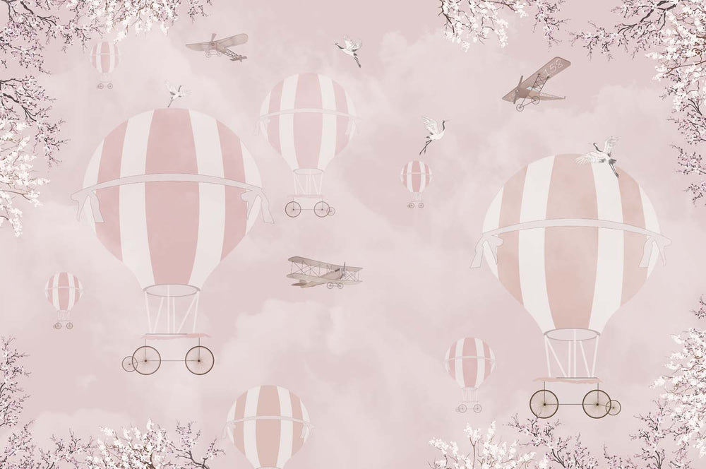 Tapet Personalizat Micii Exploratori cu baloane cu aer cald roz - CHERRY PINK BALLOONS