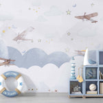 Tapet Personalizat Micii Exploratori cu avioane si baloane cu aer cald pe cerul instelat alb - WINTER NIGHT PLANES