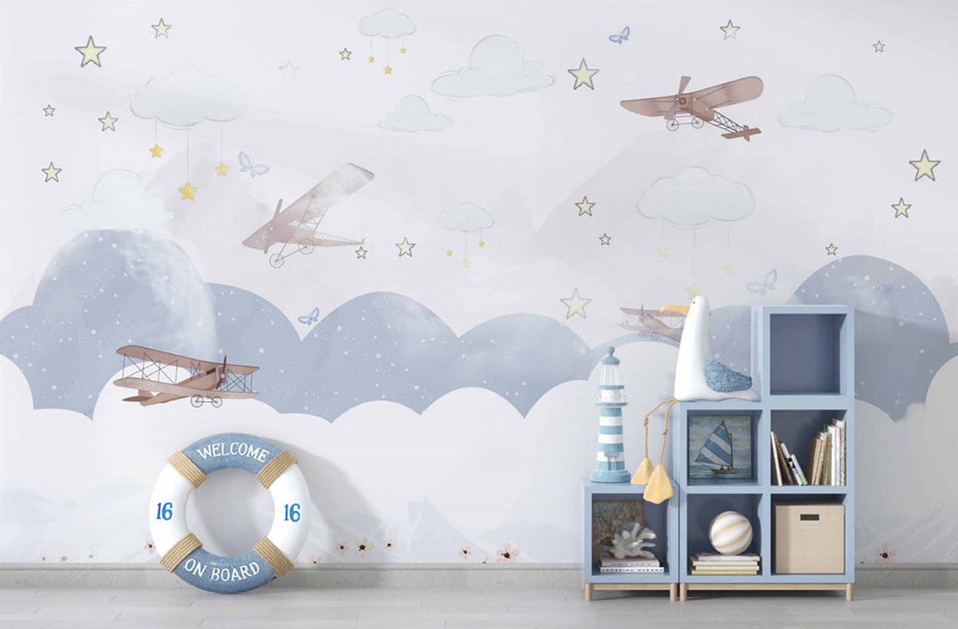 Tapet Personalizat Micii Exploratori cu avioane si baloane cu aer cald pe cerul instelat alb - WINTER NIGHT PLANES