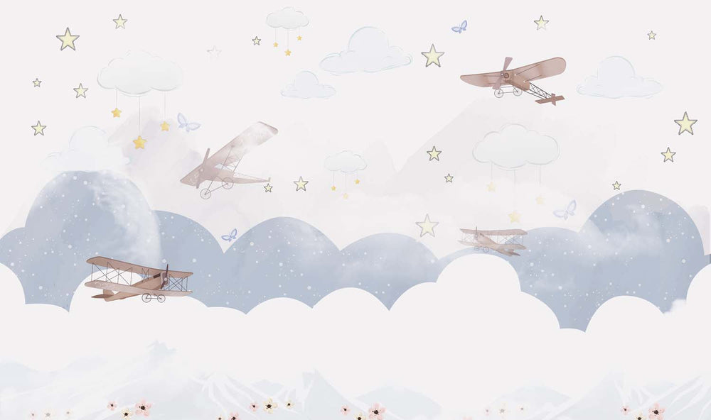 Tapet Personalizat Micii Exploratori cu avioane si baloane cu aer cald pe cerul instelat alb - WINTER NIGHT PLANES