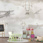 Tapet Personalizat Micii Exploratori cu avioane si baloane cu aer cald pe cerul gri - GREY SKIES PLANES