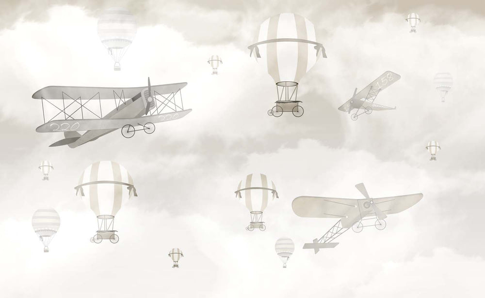 Tapet Personalizat Micii Exploratori cu avioane si baloane cu aer cald pe cerul gri - GREY SKIES PLANES