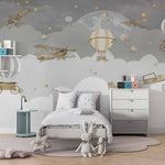Tapet Personalizat Micii Exploratori cu avioane si baloane cu aer cald pe cerul instelat noaptea - NIGHT GREY SKY