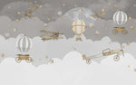 Tapet Personalizat Micii Exploratori cu avioane si baloane cu aer cald pe cerul instelat noaptea - NIGHT GREY SKY