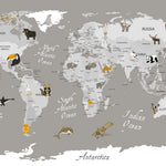 Tapet Personalizat Micii Exploratori cu harta lumii cu animale pe fundal gri inchis - GREY & ORANGE MAP