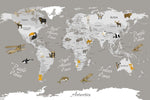 Tapet Personalizat Micii Exploratori cu harta lumii cu animale pe fundal gri inchis - GREY & ORANGE MAP