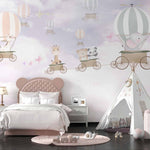 Tapet Personalizat Micii Exploratori cu animale calatorind in baloane cu aer cald pe fundal roz-mov - FAIRYTALE TRAVELS
