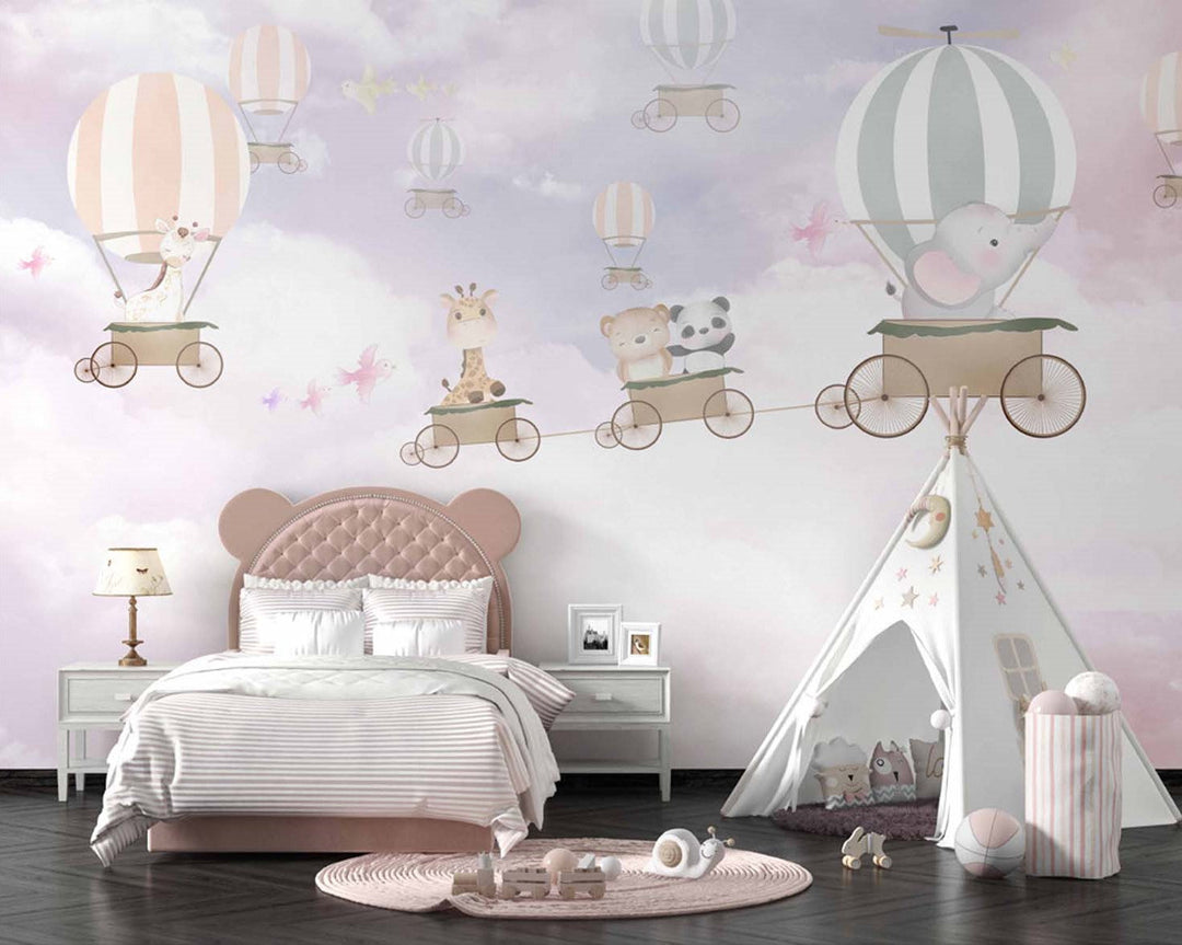 Tapet Personalizat Micii Exploratori cu animale calatorind in baloane cu aer cald pe fundal roz-mov - FAIRYTALE TRAVELS