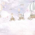 Tapet Personalizat Micii Exploratori cu animale calatorind in baloane cu aer cald pe fundal roz-mov - FAIRYTALE TRAVELS
