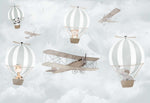 Tapet Personalizat Micii Exploratori cu baloane cu aer cald, avioane si animale in nunante de gri deschis - CALM WEATHER TRAVELS