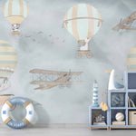 Tapet Personalizat Micii Exploratori cu baloane cu aer cald, avioane si animale in nunante de albastru gri  - CALM WEATHER TRAVELS II