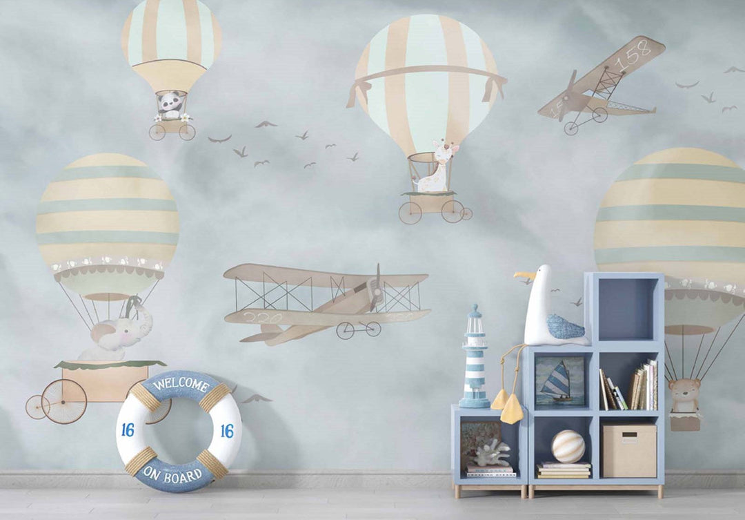 Tapet Personalizat Micii Exploratori cu baloane cu aer cald, avioane si animale in nunante de albastru gri  - CALM WEATHER TRAVELS II