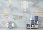 Tapet Personalizat Micii Exploratori cu baloane cu aer cald, avioane si animale in nunante de albastru gri  - CALM WEATHER TRAVELS II
