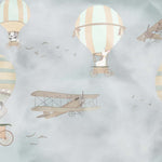 Tapet Personalizat Micii Exploratori cu baloane cu aer cald, avioane si animale in nunante de albastru gri  - CALM WEATHER TRAVELS II