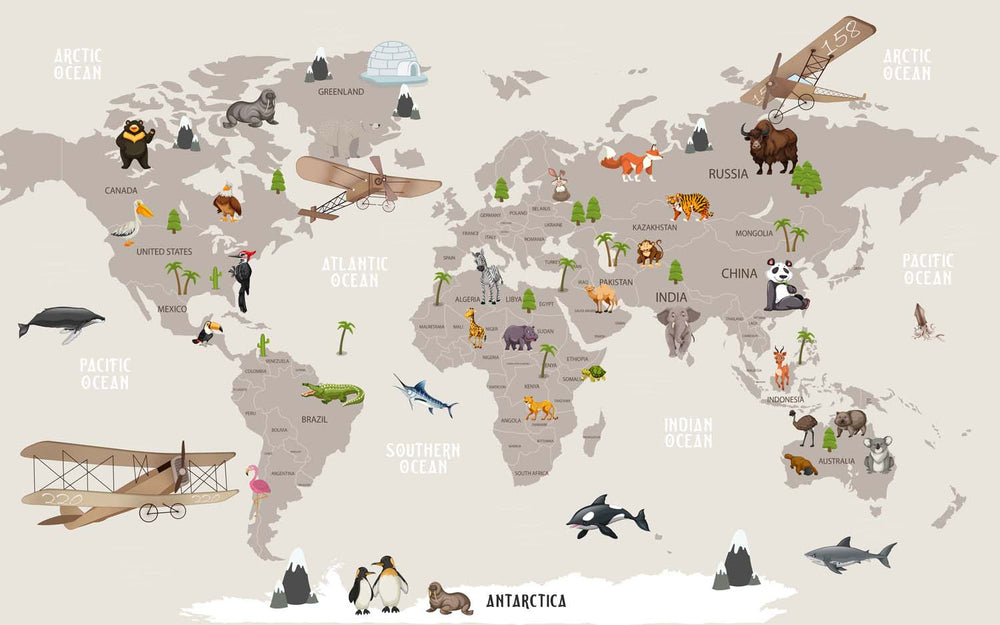 Tapet Personalizat Micii Exploratori cu harta lumii pentru copii cu avioane si animale - OVER THE WORLD MAP