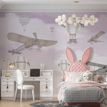 Tapet Personalizat Micii Exploratori cu avioane si baloane cu aer cald peste cerul mov - LIGHT PURPLE PLANES