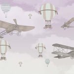 Tapet Personalizat Micii Exploratori cu avioane si baloane cu aer cald peste cerul mov - LIGHT PURPLE PLANES