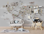 Tapet Personalizat Micii Exploratori cu harta lumii pentru copii in nuante de bej-gri - GREY ROUND MAP