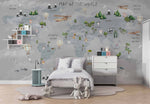 Tapet Personalizat Micii Exploratori cu harta lumii pentru copii cu munti in nuante de gri - GREY MOUNTAINS MAP