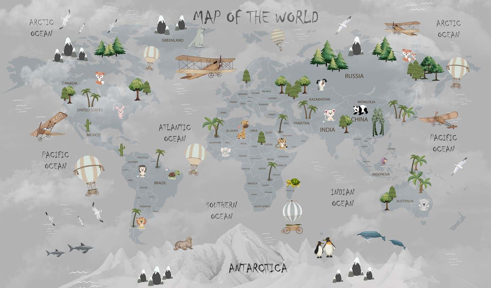 Tapet Personalizat Micii Exploratori cu harta lumii pentru copii cu munti in nuante de gri - GREY MOUNTAINS MAP