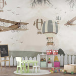 Tapet Personalizat Micii Exploratori cu cu avioane si baloane cu aer cald in gradina - FLYING COUNTRYSIDE