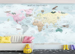 Tapet Personalizat Micii Exploratori cu harta lumii pentru copii cu continente colorate - CLOUDY COLORED CONTINENTS