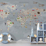 Tapet Personalizat Micii Exploratori cu harta detaliata a lumii pentru copii in nuante de gri - GREY DETAILED MAP