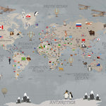 Tapet Personalizat Micii Exploratori cu harta detaliata a lumii pentru copii in nuante de gri - GREY DETAILED MAP