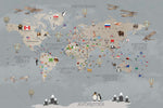 Tapet Personalizat Micii Exploratori cu harta detaliata a lumii pentru copii in nuante de gri - GREY DETAILED MAP