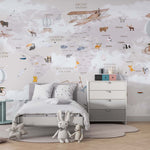 Tapet Personalizat Micii Exploratori cu harta lumii pentru copii cu munti in nuante de roz - LIGHT PINK MOUNTAIN MAP
