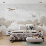 Tapet Personalizat Micii Exploratori cu avioane zburand peste norii bej - LIGHT BEIGE FLYING PLANES