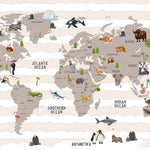 Tapet Personalizat Micii Exploratori cu harta lumii pentru copii pe un fundal cu dungi crem - WAVY STRIPES MAP