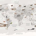 Tapet Personalizat Micii Exploratori cu harta lumii pentru copii cu animale si avioane in nuante de gri deschis - LIGHT GREY CONTINENTS
