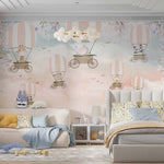 Tapet Personalizat Micii Exploratori cu baloane cu aer cald si animalute pe cerul roz pudrat - POWDERED PINK SKIES