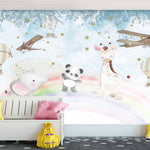 Tapet Personalizat Micii Exploratori cu animalute peste curcubeu si avioane - GREETING RAINBOW