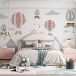 Tapet Personalizat Micii Exploratori cu munti si baloane cu aer cald pastel - PASTEL BALLOONS & MOUNTAINS