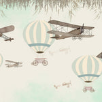 Tapet Personalizat Micii Exploratori cu avioane si baloane cu aer cald in nuante de verde - VINTAGE CYAN BALLOONS