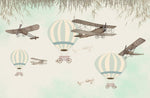 Tapet Personalizat Micii Exploratori cu avioane si baloane cu aer cald in nuante de verde - VINTAGE CYAN BALLOONS