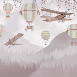 Tapet Personalizat Micii Exploratori cu avioane si baloane cu aer cald in padurea de brazi roz - PINK FOREST FLIGHT