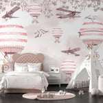 Tapet Personalizat Micii Exploratori cu avioane si baloane cu aer cald roz - PINK BIRDS BALLOONS