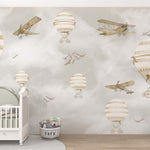 Tapet Personalizat Micii Exploratori cu avioane si baloane cu aer cald in nuante de sepia si gri - SEPIA GREY PLANES