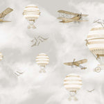 Tapet Personalizat Micii Exploratori cu avioane si baloane cu aer cald in nuante de sepia si gri - SEPIA GREY PLANES