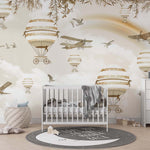 Tapet Personalizat Micii Exploratori cu baloane cu aer cald, avioane si pasari peste curcubeu in nuante sepia - SEPIA RAINBOW BALLOONS