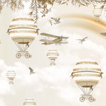 Tapet Personalizat Micii Exploratori cu baloane cu aer cald, avioane si pasari peste curcubeu in nuante sepia - SEPIA RAINBOW BALLOONS